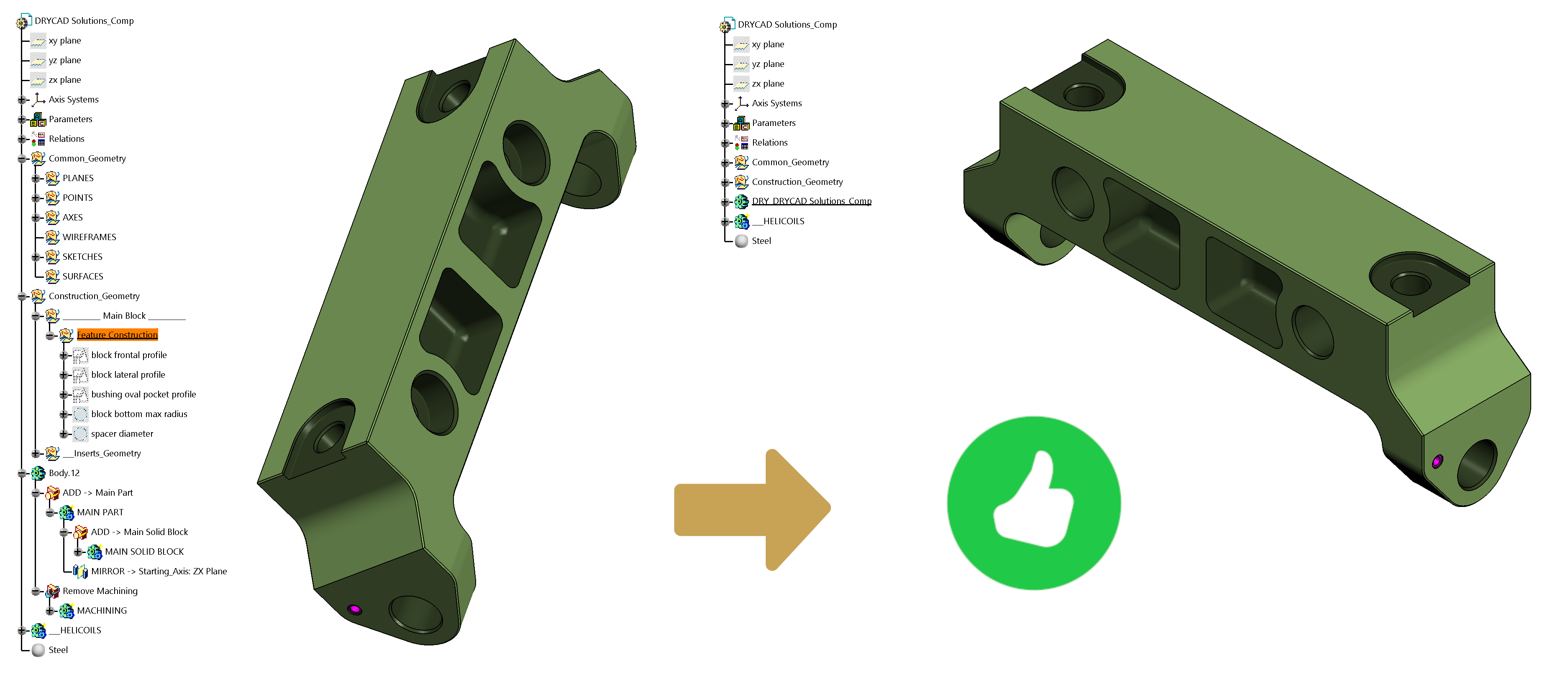 The same Part before and after running Finalizer, construction geometry hidden, main Body renamed and recolored per standard