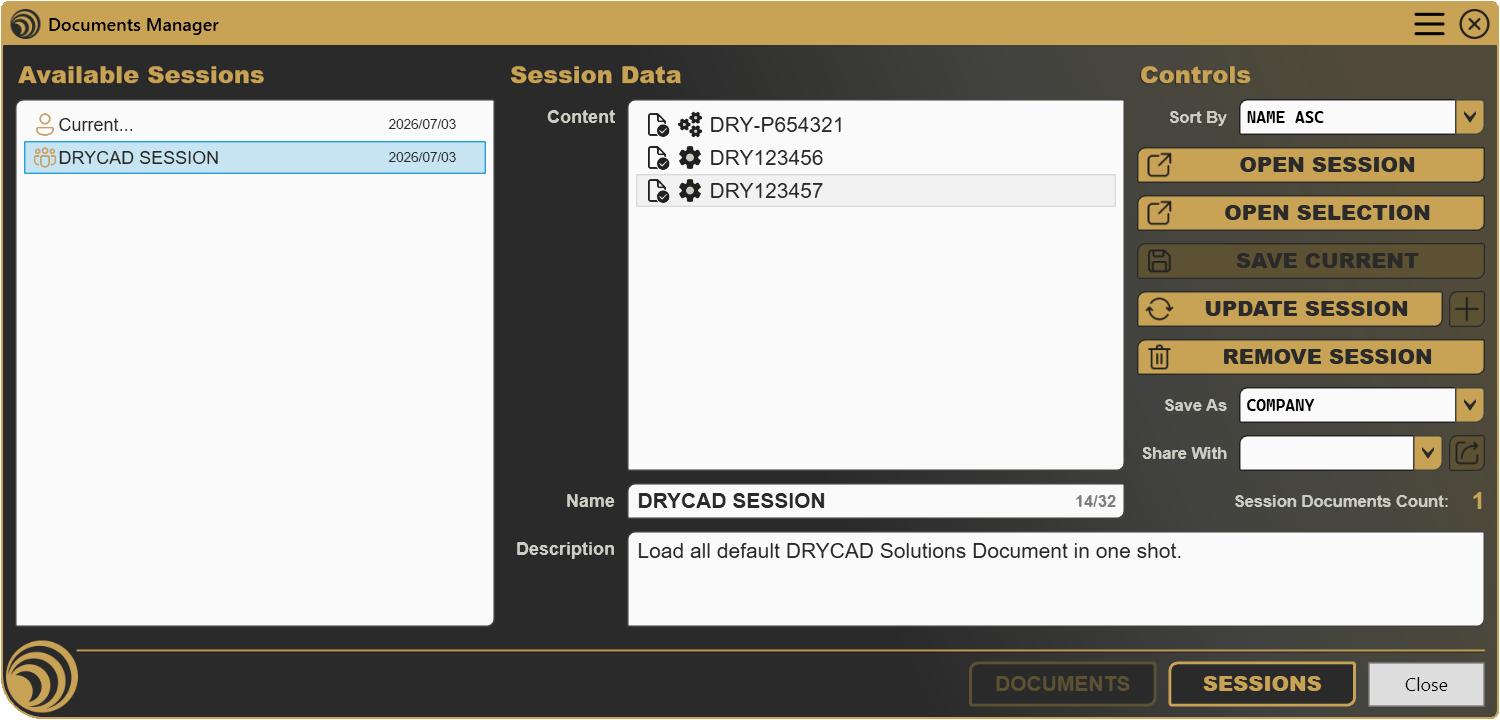 The Sessions tab, available sessions list, session data, and session controls