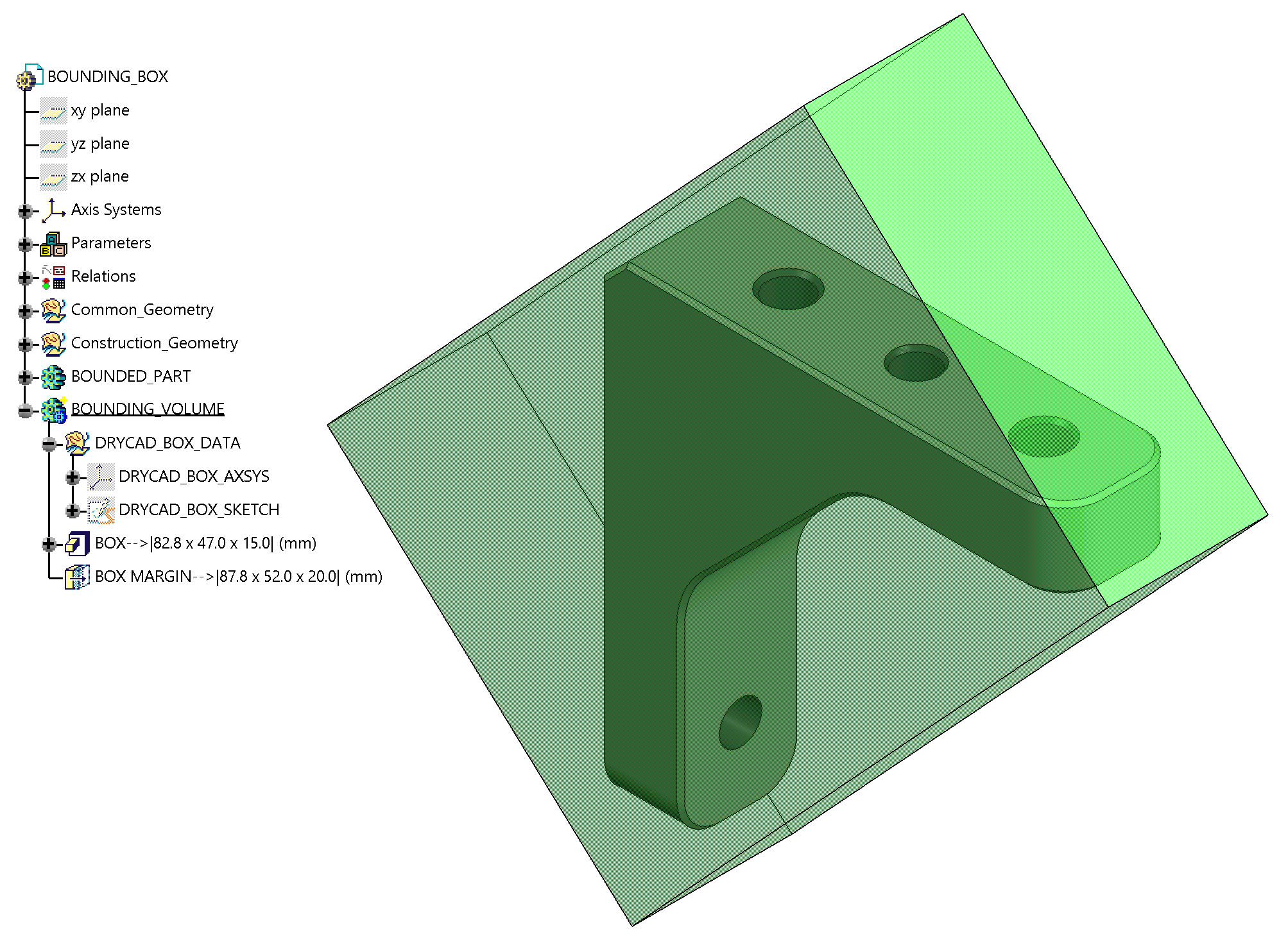 Bounding volume body generated around a part, shown in the specification tree and 3D view