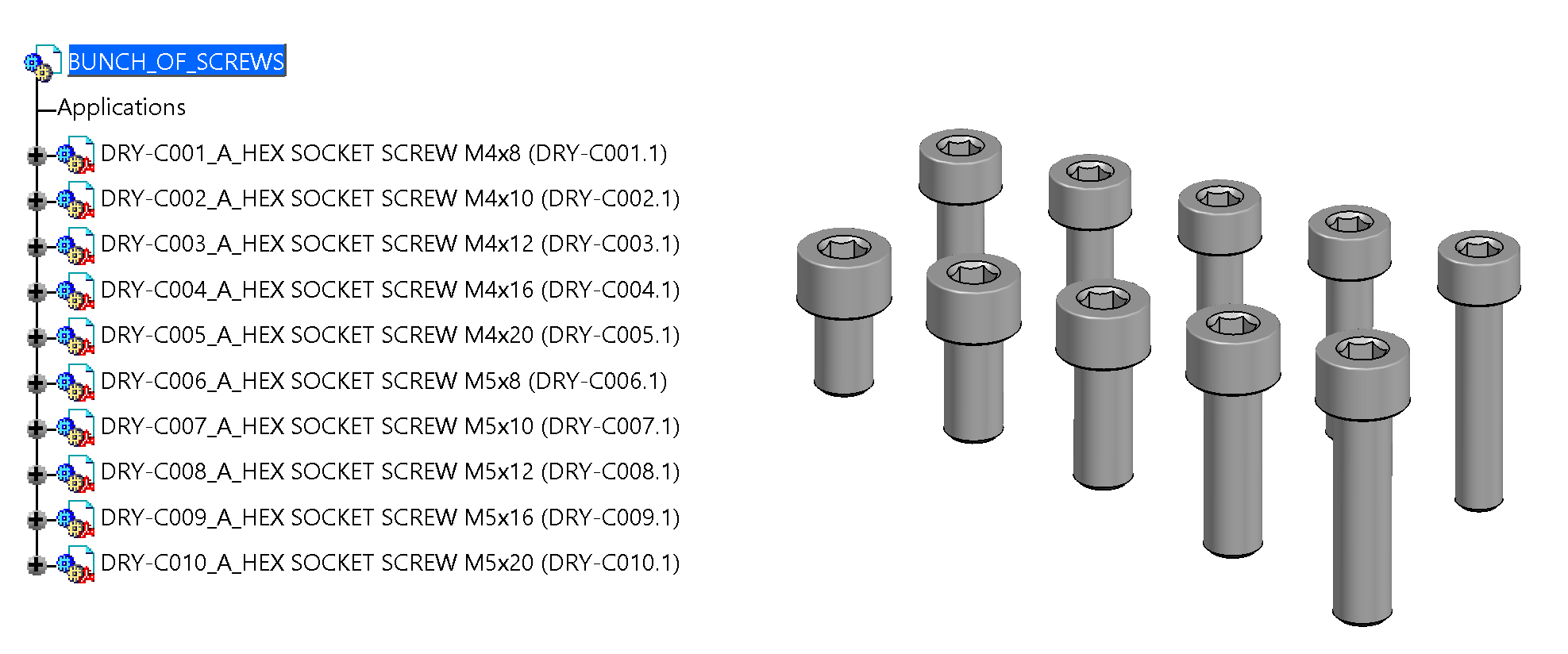 A batch of parametric parts generated in the specification tree