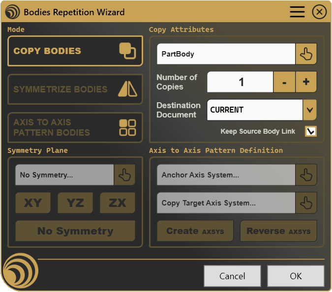 Copy mode, duplicating Bodies with configurable link and destination options