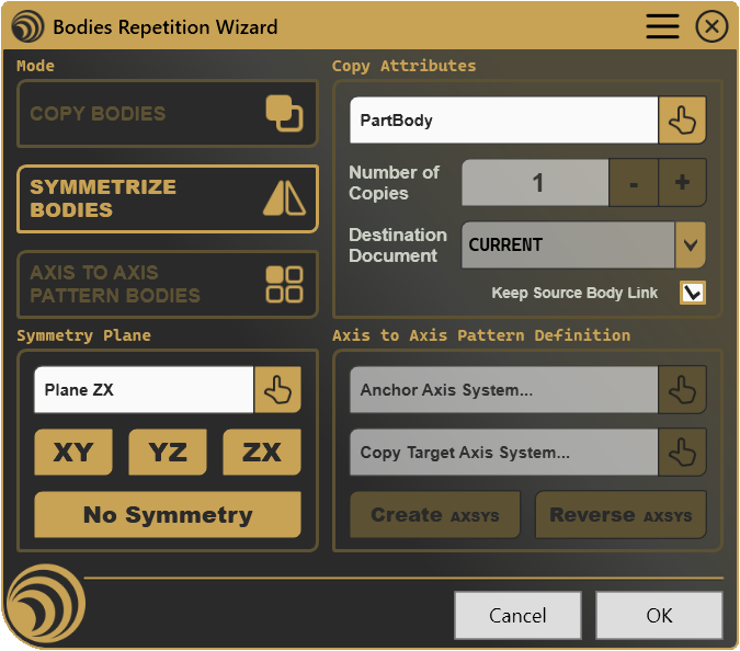 Symmetrize mode, mirroring Bodies across a selected symmetry plane