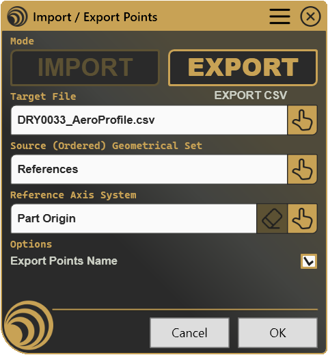 The panel in Export mode, with file, Geometrical Set, axis system, and the point name option