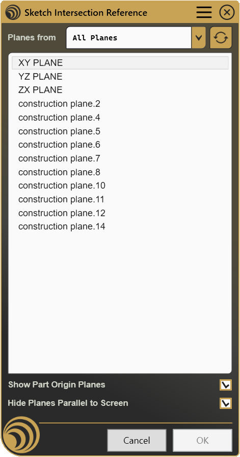 The Sketch Intersection Reference tool, plane source selector, plane list, and display options