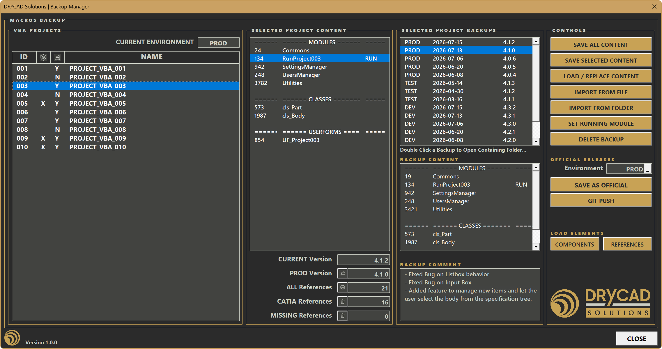 VBA Backup Manager overview, available VBA projects list, project content, backups panel, and environment controls